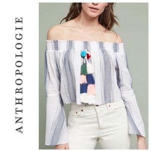Anthropologie Over The Shoulder Striped Pom Top